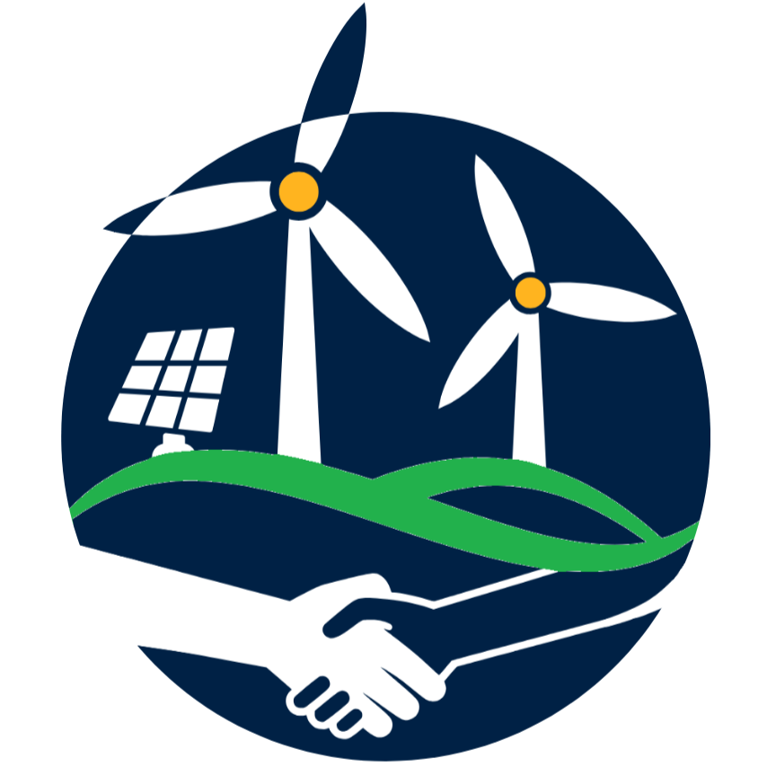 Navy blue circle with two wind turbines, a solar panel, and two hands holding each other