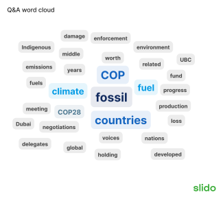 A Word Cloud showing the most popular terms from audience submitted questions.  The image shows the following terms: fossil, fuel and fuels, countries, climate, COP, COP28, damage, holding, global, related, environment, production, indigenous, Dubai, loss, worth, middle, meeting, nations, years, emissions, negotiations, voices, progress, developed, enforcement, delegates, fund, UBC.  