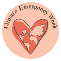 Climate Emergency Week logo with the globe in the shape of a heart.