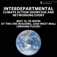 Text reads Interdepartmental Climate Action Showcase and Networking Event May 14 10-Noon at the CIRS building, 2260 West Mall (ground floor). Background is black and has image of the earth